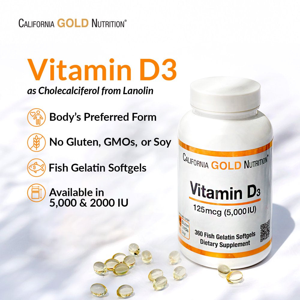 Vitamin D3 Supplement by California Gold Nutrition - Support for Healthy Bones & Teeth - Immune System Support - Gluten Free, Non-Gmo - 125 Mcg (5,000 IU) - 2 Pack of 90 Fish Gelatin Softgels Each