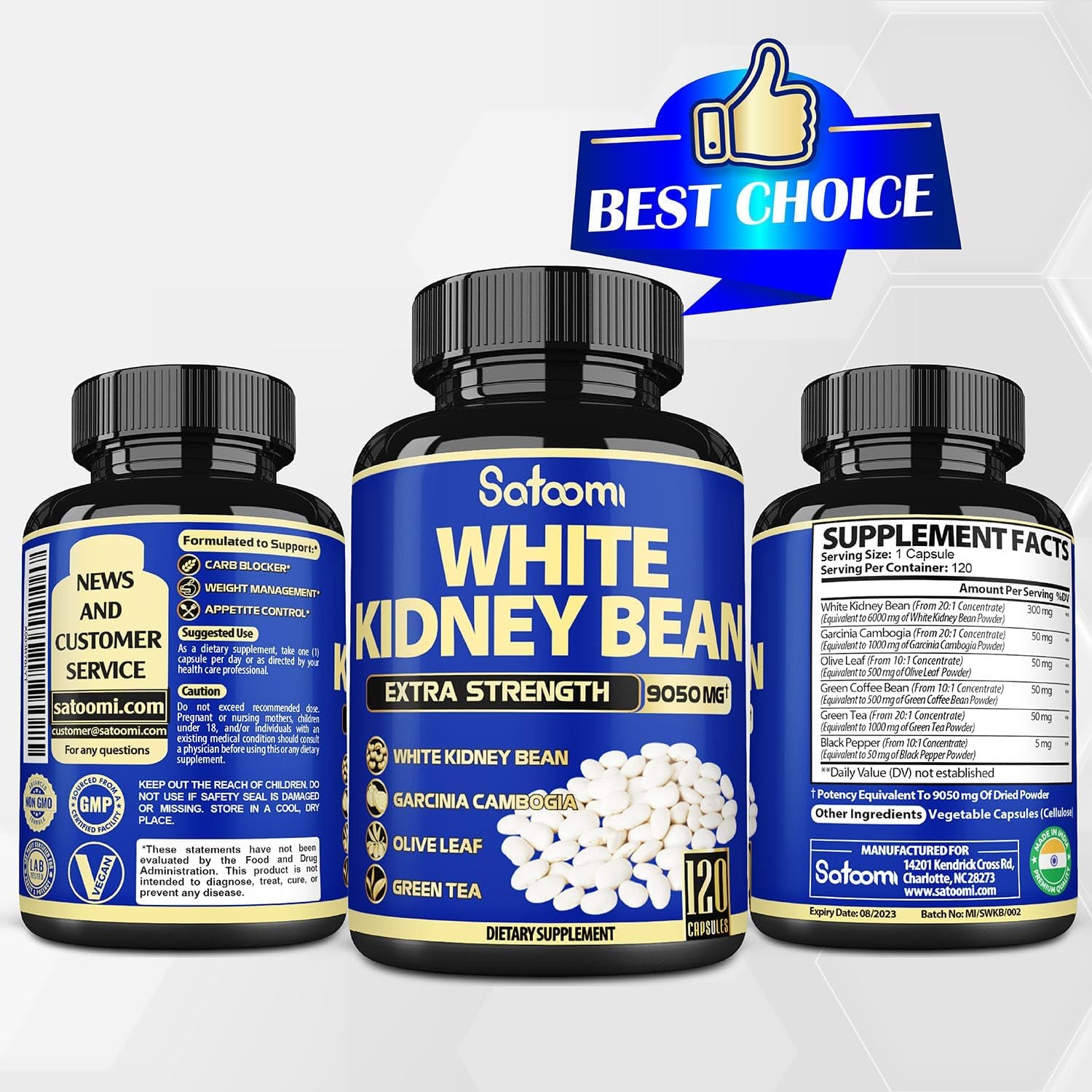 6In1 White Kidney Bean Extract Capsules 9050 Mg - with Garcinia Cambogia, Olive Leaf, Green Coffee Bean & More - Energy, Immune Support & Body Form Management for Women & Men - 120 Count