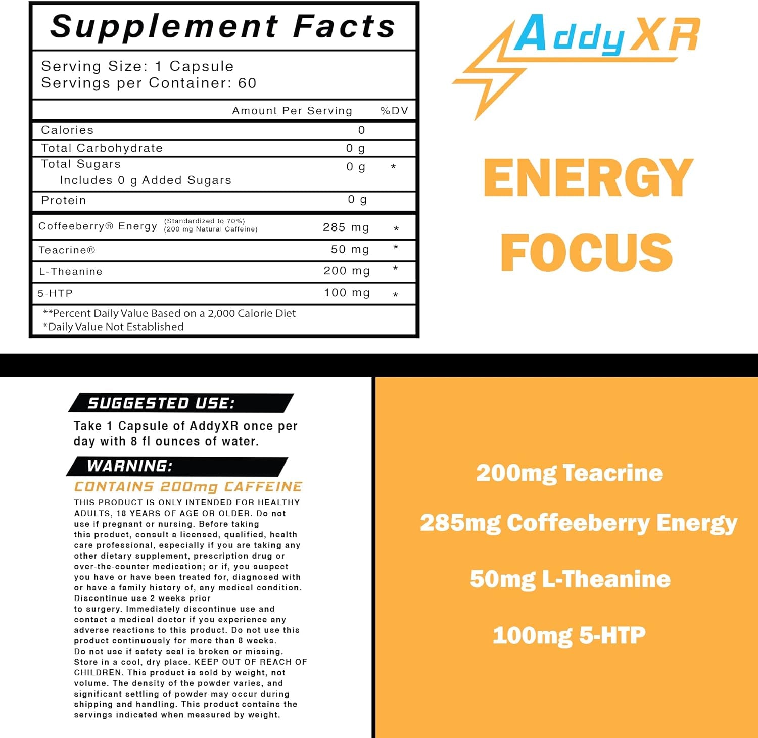 Addyxr - Focus & Energy Supplement - Brain Booster - Early Bird Morning Cocktail - Support Adderall - Focus, Energy, and Memory Support Vitamins - 60 Day Supply (60 Capsules)