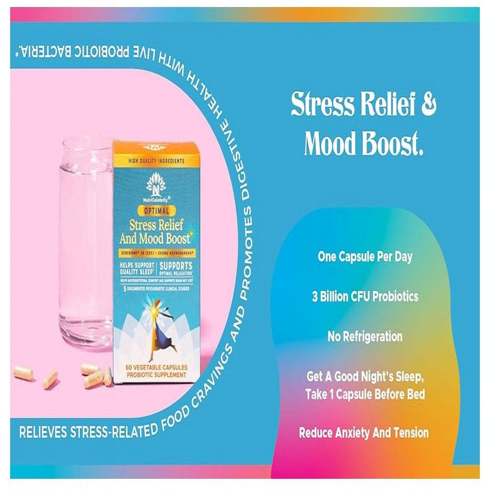 Nutricelebrity Optimal Stress Relief Supplement, Mood Support, Sleep Aid, Ashwagandha Organic, KSM-66, Brain Focus, Probiotics for Women, Gut Health, Vegan Non GMO 60 Days Supply