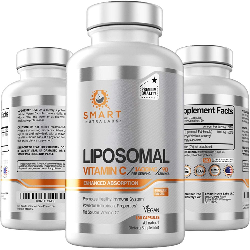 Liposomal Vitamin C 1400Mg- 180 Vegan Capsules- China Free Ingredients, Fat Soluble High Absorption VIT C- Supports Healthy Immune System & Collagen Booster- Powerful Antioxidant Support Supplement