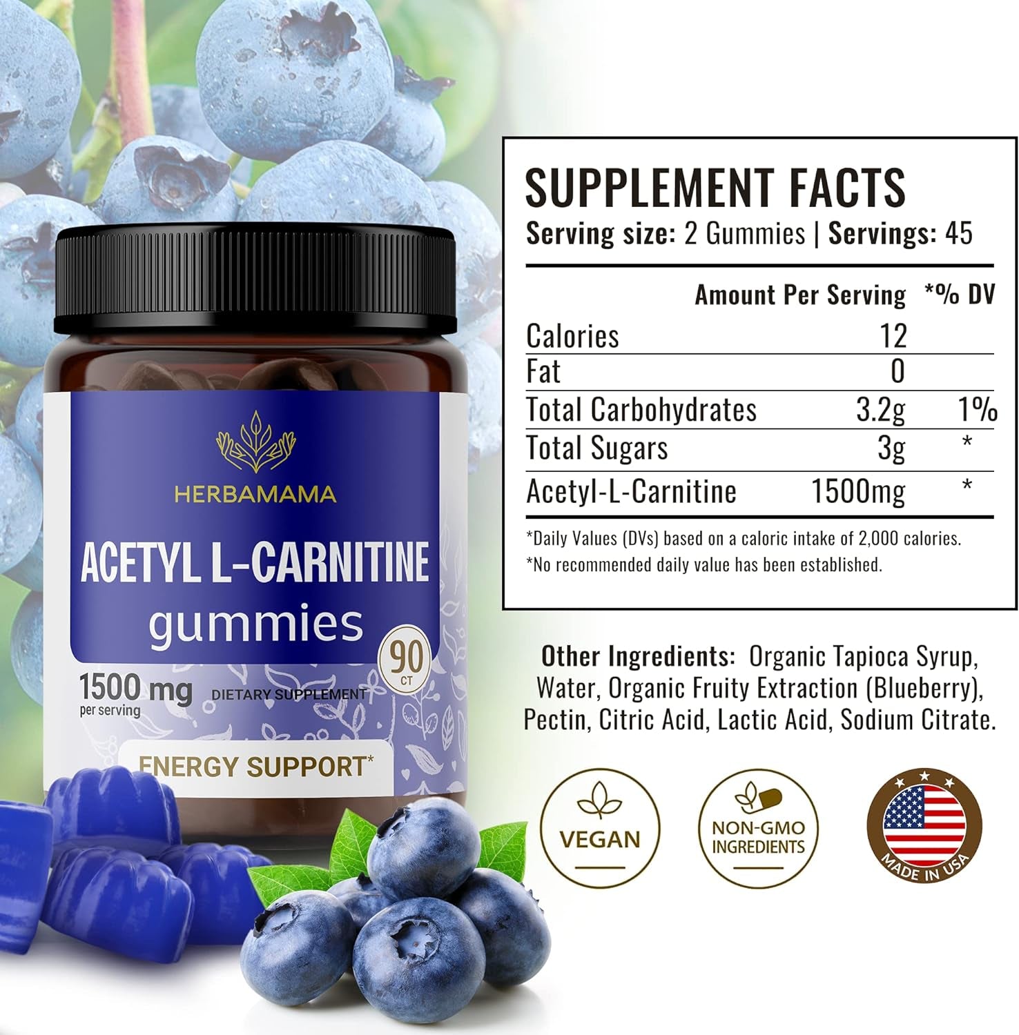 Acetyl L-Carnitine 1500Mg Gummies - Daily Energy Gummies to Support Cognitive Mental Sharpness & Immune System Function - 90 Blueberry Gummies per Bottle