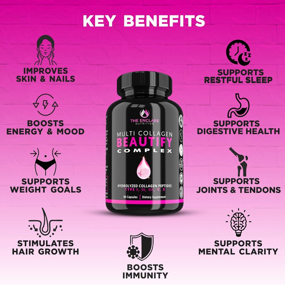 Collagen Pills Multi Collagen Complex Type I, II, III, V, X - Hydrolyzed Collagen Peptides Capsules, Hair Skin and Nails Vitamins, Joint Support, 90 Ct. - Enclare Nutrition Beautify