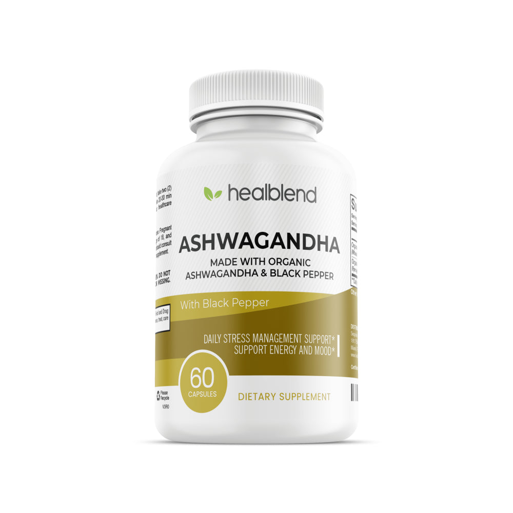 Healblend Organic Ashwagandha Supplement 1300Mg with Black Pepper Extract - Supports Stress Relief, Immune, Energy, Stamina & Mood, 100% Pure - 60 Capsules