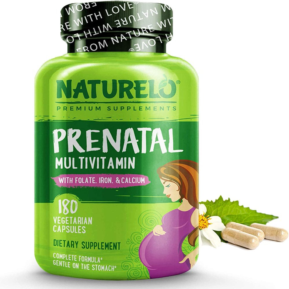 NATURELO Prenatal Multivitamin with Gentle Chelated Iron, Methyl Folate, Plant Calcium & Choline - Vegan, Vegetarian - Non-Gmo - Gluten Free - 180 Capsules