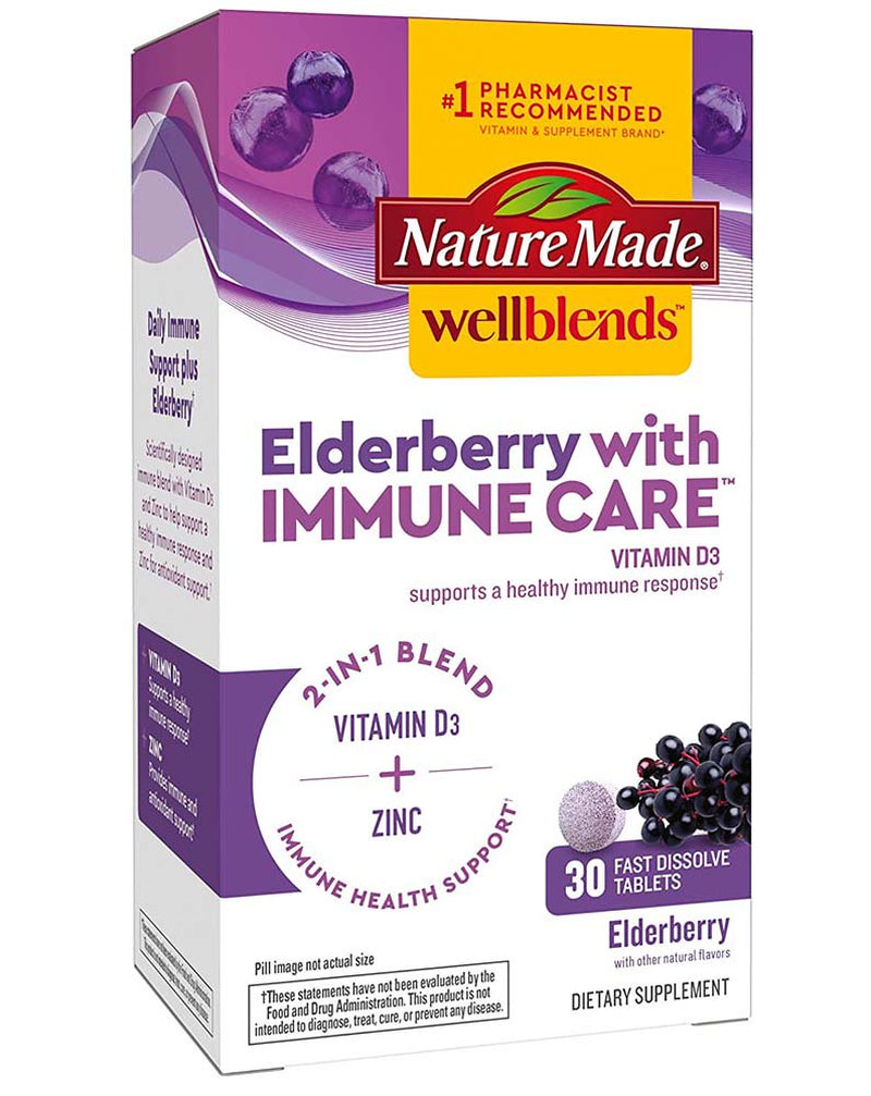 Nature Made Wellblends Elderberry with Immunecare, Vitamin D3 and Zinc, with Elderberry Flavor, 30 Fast Dissolve Tablets