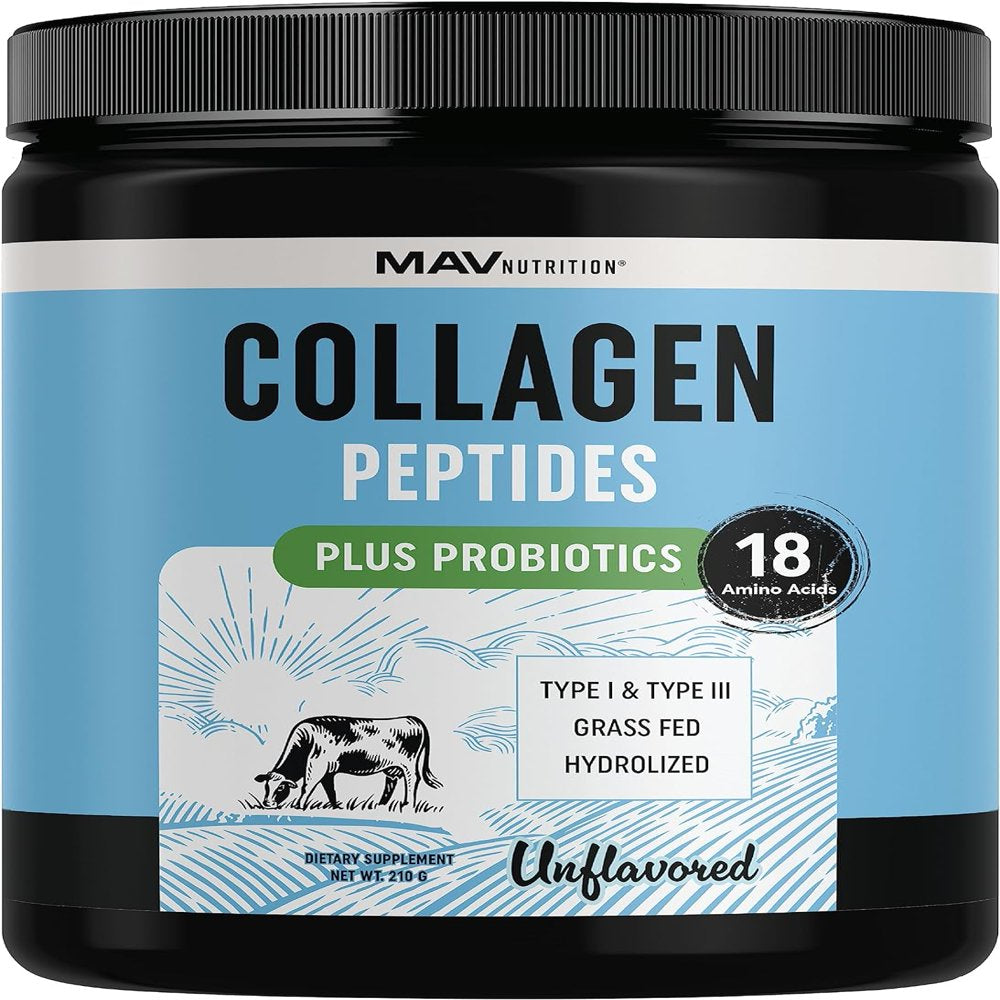 MAV Nutrition Collagen Peptides Powder + Probiotics for Men and Women | Unflavored | Hydrolyzed Collagen Supplement Powder Types I & III - Grass Fed Collagen Powder | 210G