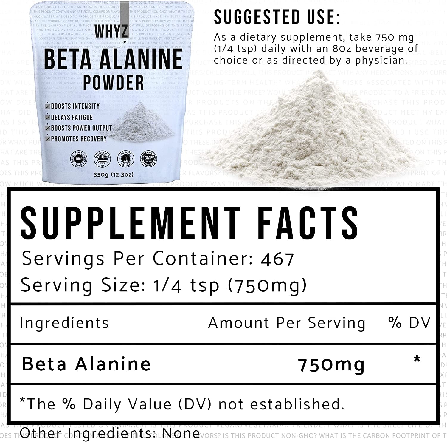 WHYZ Beta Alanine Powder 350G, Pure Beta Alanine Pre-Workout Supplement for Sustained Energy, Beta Alanine Pre Workout Powder for Men and Women, Alanine Supplement for Endurance, 467 Servings