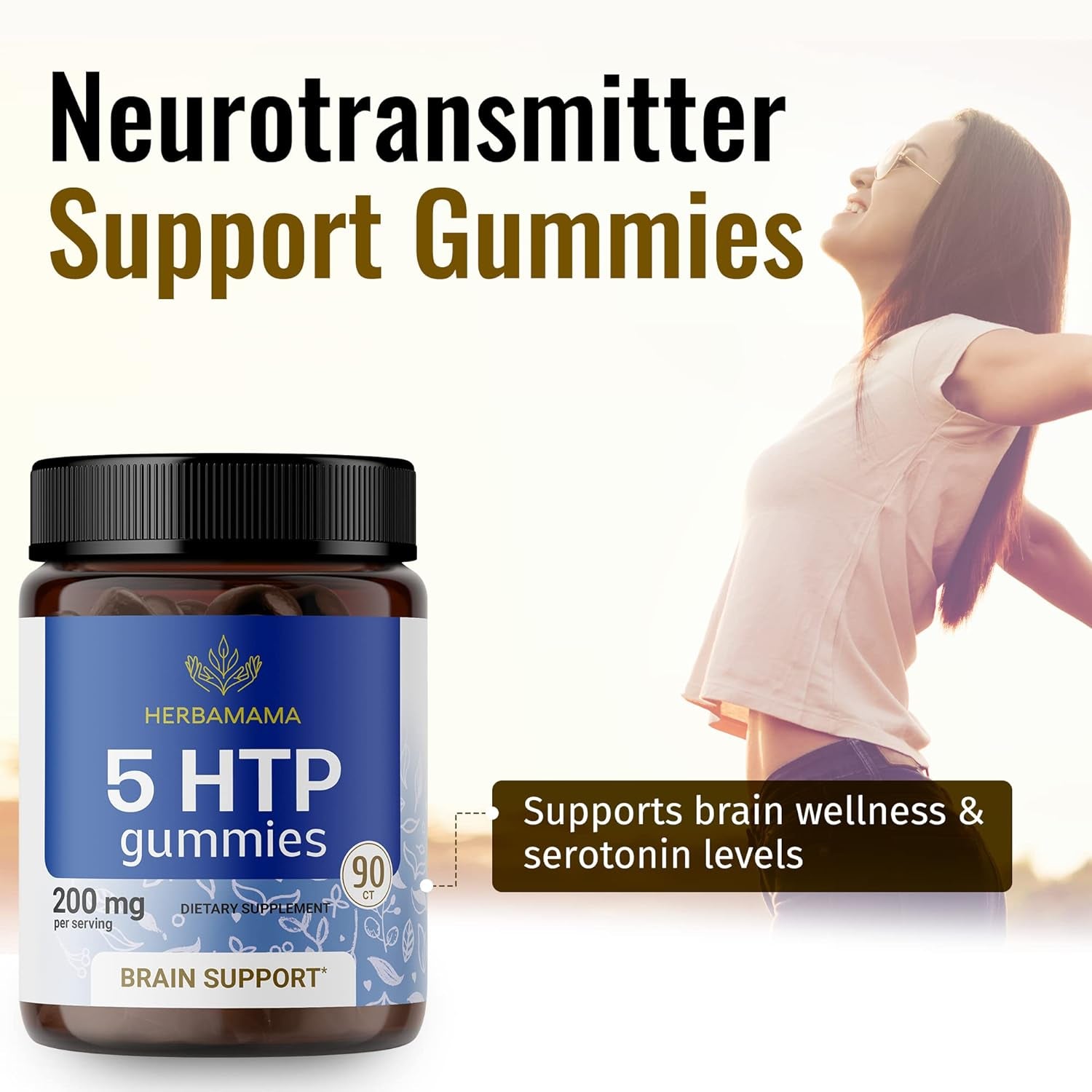 HERBAMAMA 5 HTP Gummies - Calm and Relaxation Support - Melatonin Mood Support and Serotonin Booster - Made with Calcium, 90 Vegan Blueberry Flavor Chews - 5-HTP 200Mg