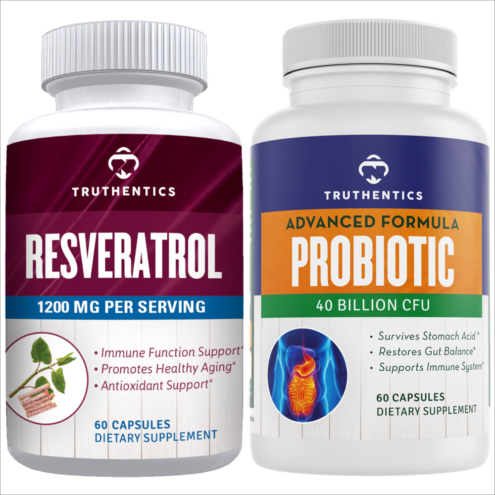 Truthentics Resveratrol 1200 MG plus Probiotic Immune Support Bundle - Healthy Aging, Heart & Gut Health - 60 Capsules Each