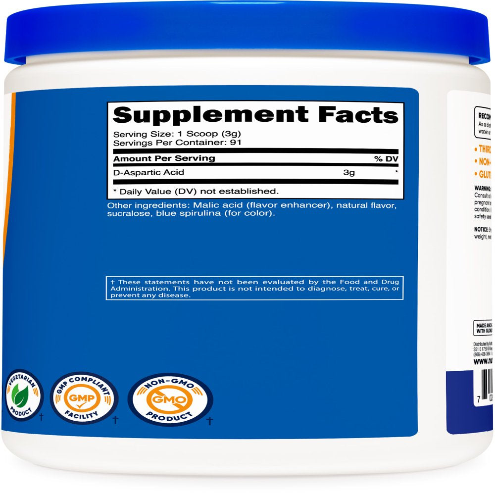 Nutricost D-Aspartic Acid (DAA) Powder 300G (Blue Raspberry) - Amino Acid