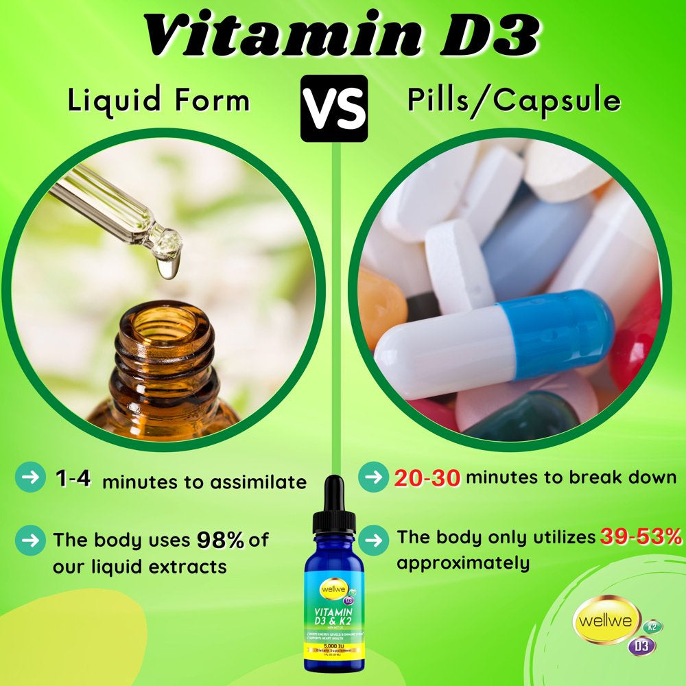 Liquid Vitamin D3 K2 Drops with MCT Oil 5000 IU - Vegan, No Taste, No Odor, Soy-Free, Non-Gmo, 1000 IU per Drop, Boosts Energy Levels & Immune System, Supports Heart & Bones Health