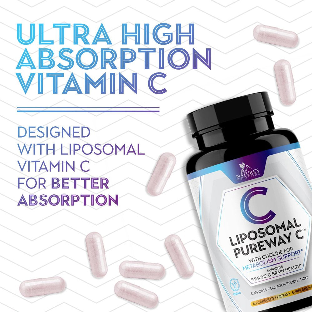 Liposomal Vitamin C Extra Strength 1000 Mg Pureway Vitamin C Supplement for Immune Support & Collagen Booster, Buffered Soluble Nature'S Liposome VIT C, Encapsulated for High Absorption - 60 Capsules