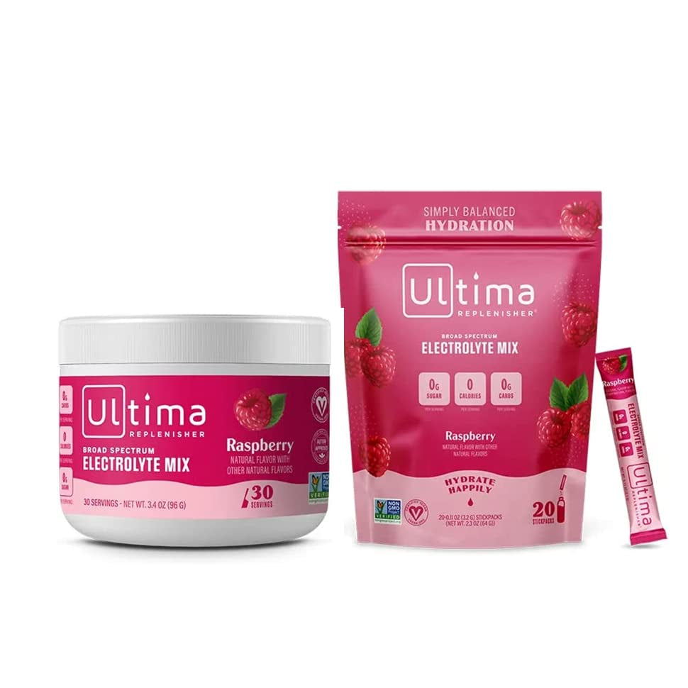 Ultima Replenisher Hydration Electrolyte Powder- Keto & Sugar Free- at Home & on the Go Convenience Bundle- Feel Replenished, Revitalized- Raspberry, 30 Serving Canister & 20 Serving Stickpack