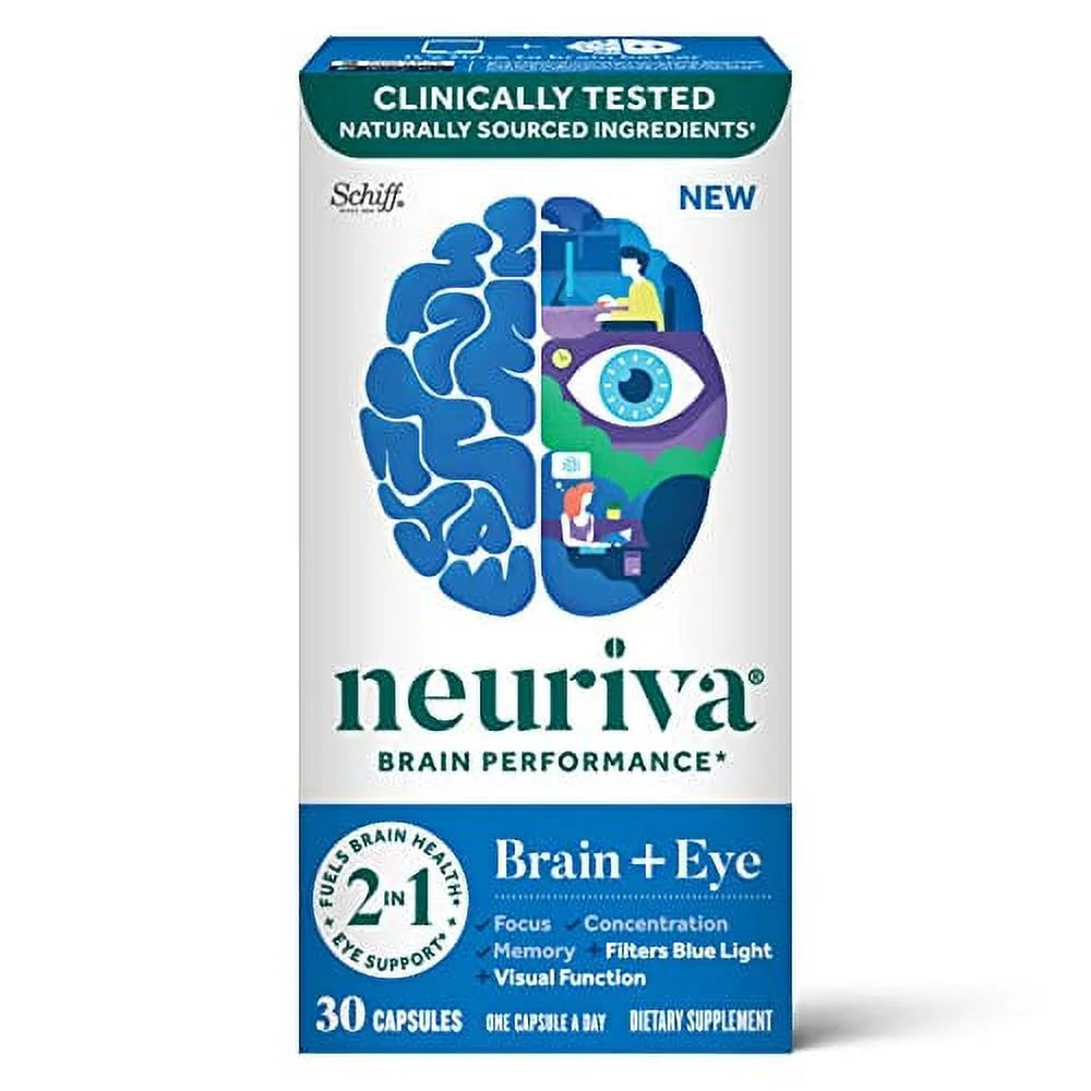 NEURIVA Brain + Eye Supplement for Memory, Focus & Concentration with Lutein & Vitamins a C E and Zinc for Eye Health & Zeaxanthin to Filter Blue Light, 30Ct Capsules