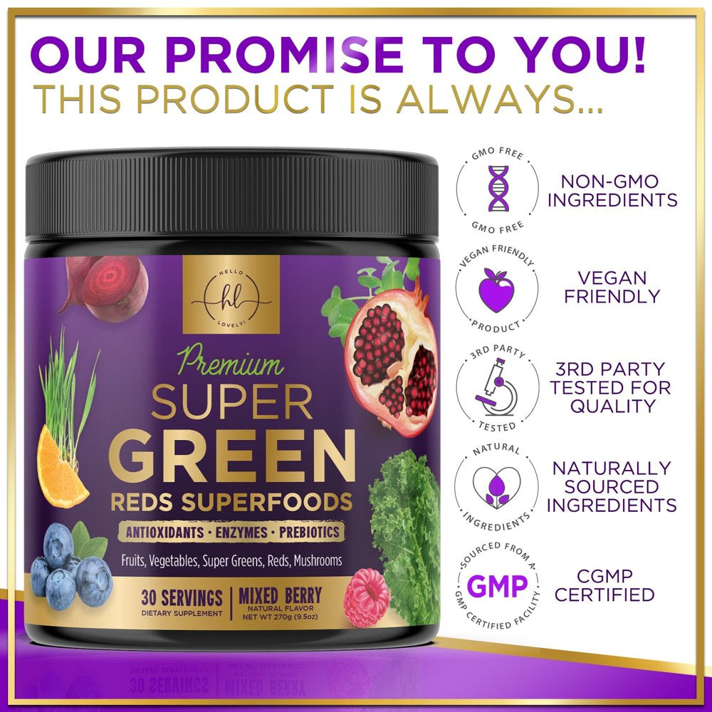 Hello Lovely! Super Greens Drink Powder, Greens Blend Smoothie Mix for Energy Support W/Superfood Spirulina, Chlorella & Antioxidants, Digestive Enzymes, Vegan, Non-Gmo, Berry Flavor - 30 Servings