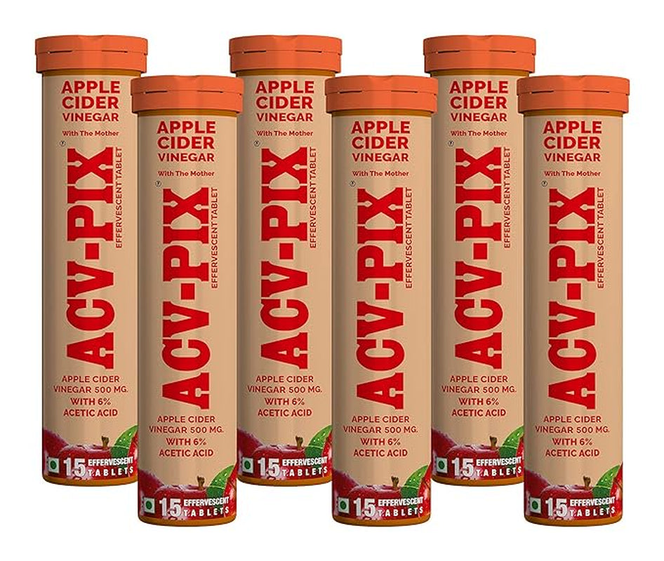 ACV-PIX Organic Apple Cider Vinegar Effervescent Tablet for Weight Loss & Easy Digestion, Mother Vitamin B6 & B12, Gut Health Supplements (Pack of 6) 90 Tabs