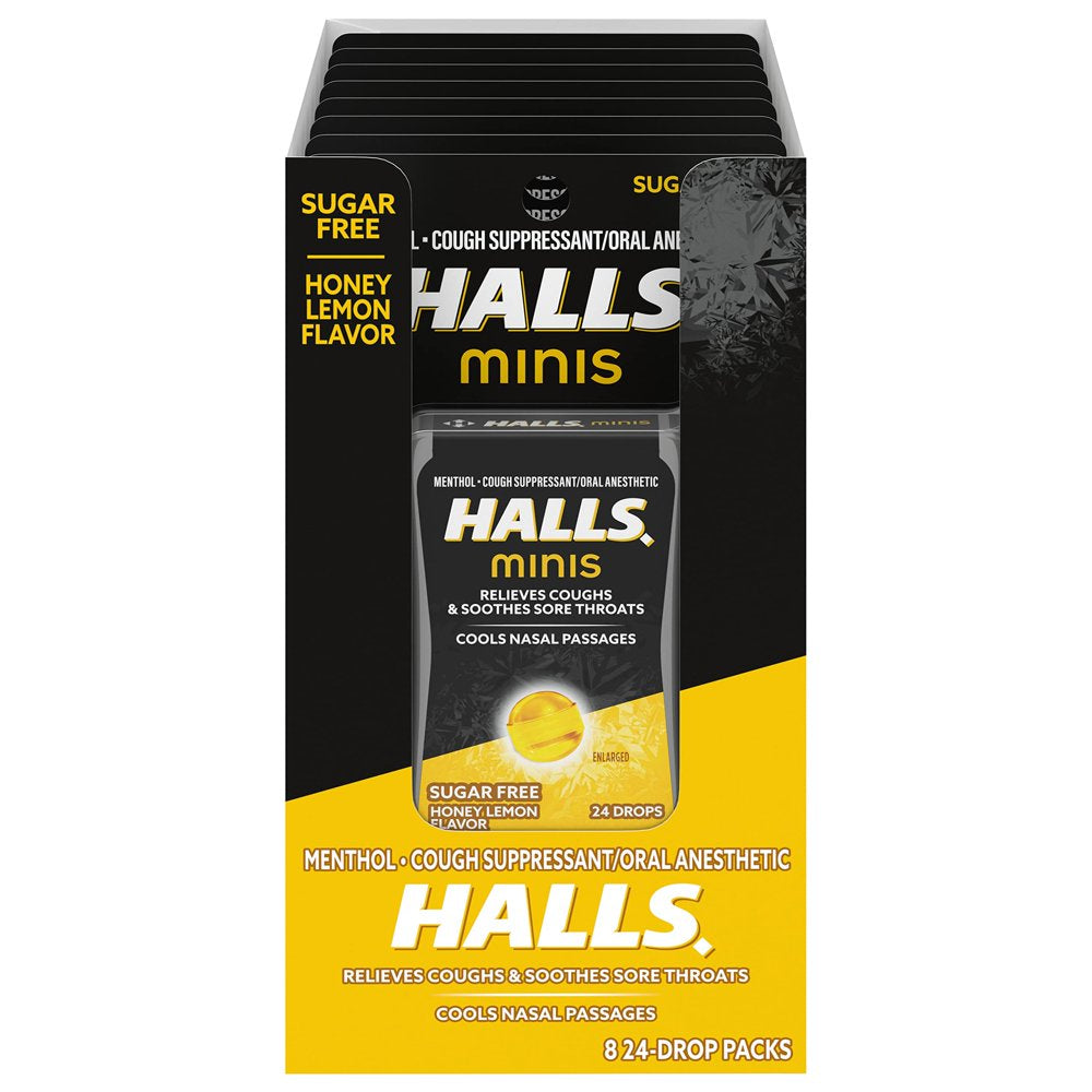 HALLS Minis Honey Lemon Flavor Sugar Free Cough Drops, 24 Count (Pack of 8)