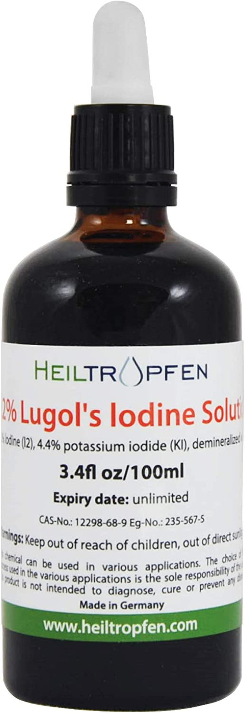 2.2% Lugol'S Iodine Solution 3.4 Fl Oz | Pharmaceutical Grade Ingredients | Lugols Solution Made with Iodine and Potassium Iodide. Heiltropfen.