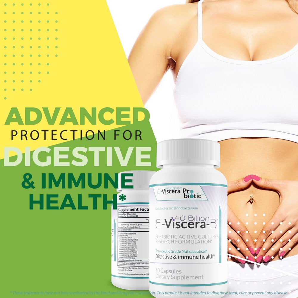 40 Billion E-Viscera-3 Probiotic Supplement - Postbiotic Active Cultures Research Formulation for Digestive and Immune Health - Therapeutic Grade Nutraceutical - 60 Veggie Capsules