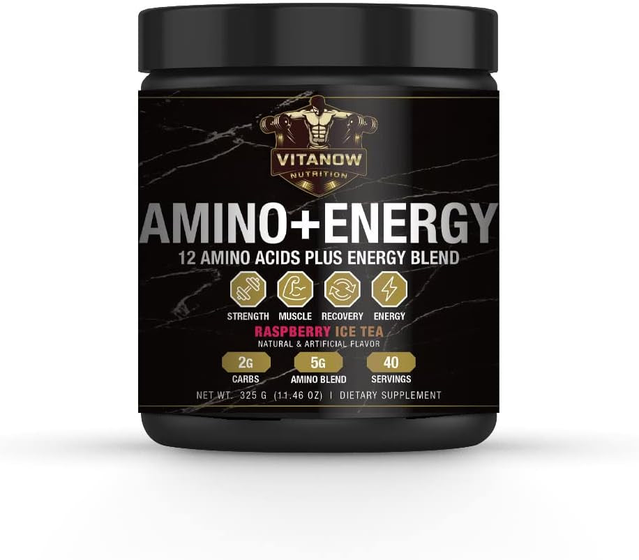 VITANOW NUTRITION Amino+Energy, 12 Amino Acids plus Energy Blend, Contain Carbs, 360G, 40 Servings (Raspberry Ice Tea)