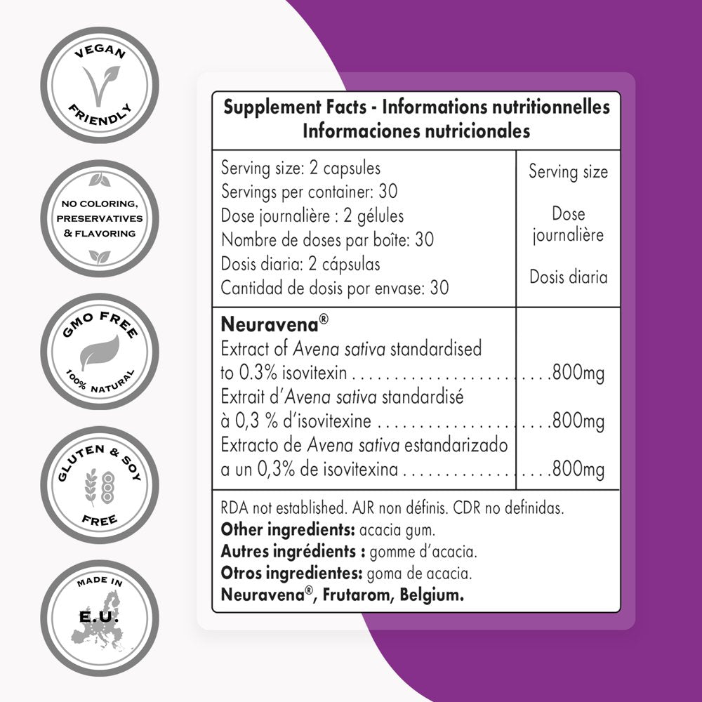 Supersmart - Natural Dopamine Support 800 Mg per Day - Brain Supplement - Memory Pills - Neuravena (Avena Sativa 0.3% Isovitexin) | Non-Gmo & Gluten Free - 60 Vegetarian Capsules