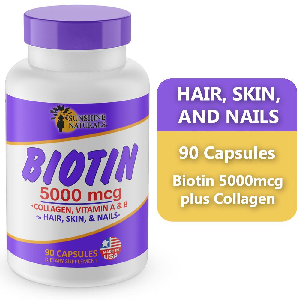 Sunshine Naturals Biotin 5000 Mcg plus Collagen Supplement for Hair Nails and Skin Vitamins, 90 Capsules, Dietary Supplements for Hair Growth, Hair and Nail Vitamins