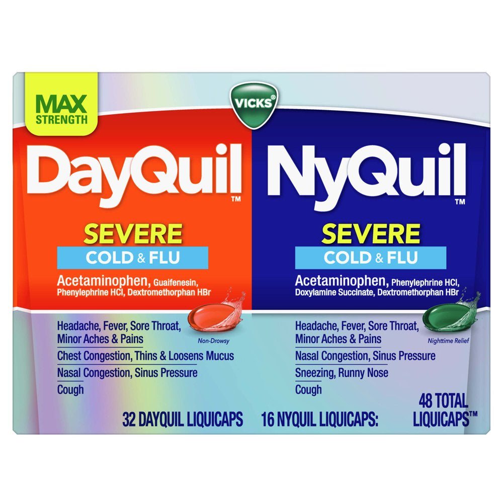 Vicks Dayquil & Nyquil Severe Liquicaps, Cough, Cold & Flu Relief, Over-The-Counter Medicine, 48 Ct