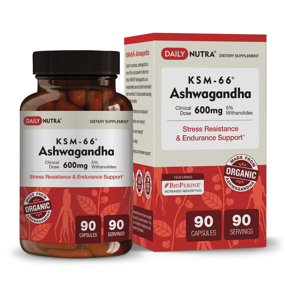 KSM-66 Ashwagandha by Dailynutra - 600Mg Organic Root Extract - High Potency Supplement with 5% Withanolides | Stress Relief, Increased Energy and Focus (90 Capsules)