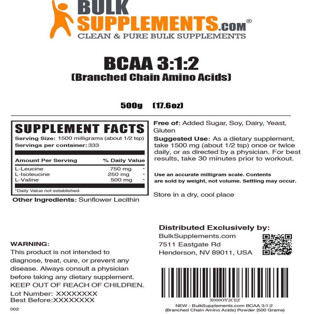 Bulksupplements.Com BCAA 3:1:2 (Branched Chain Amino Acids) Powder - BCAAS Amino Acids - Amino Acids Supplement - Workout Chains (500 Grams)