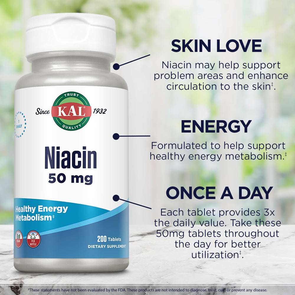 KAL Niacin 50Mg | One Daily | Healthy Metabolism, Skin, Nerves & Digestive Tract Support | Vegetarian | 200 Tablets