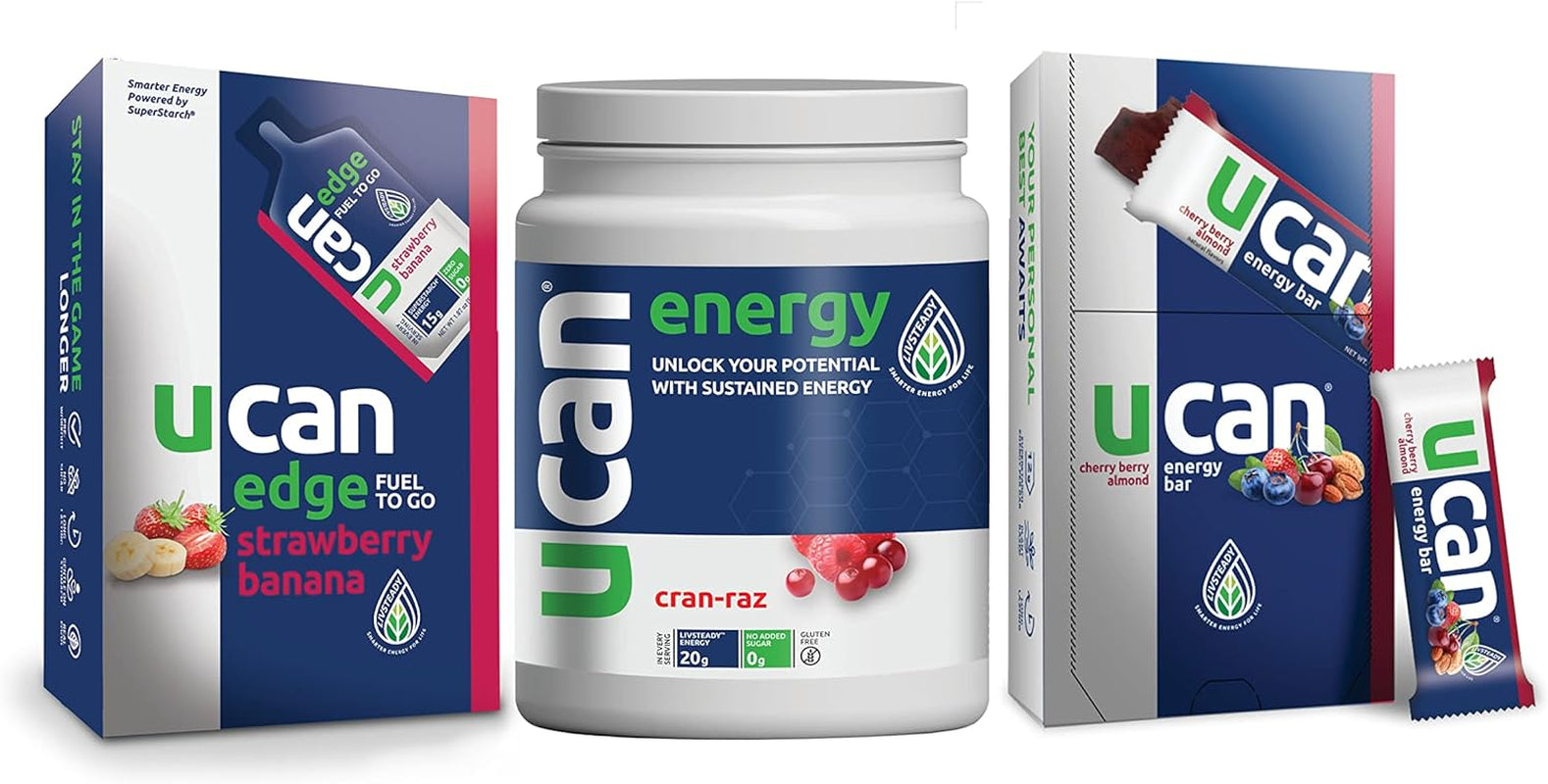 UCAN Strawberry Banana Edge Energy Gel, Cherry Berry Energy Bars & Cran-Raz Energy Powder - Great for Running, Training, Fitness, Cycling, Crossfit & More | Sugar-Free, Vegan, & Keto Friendly