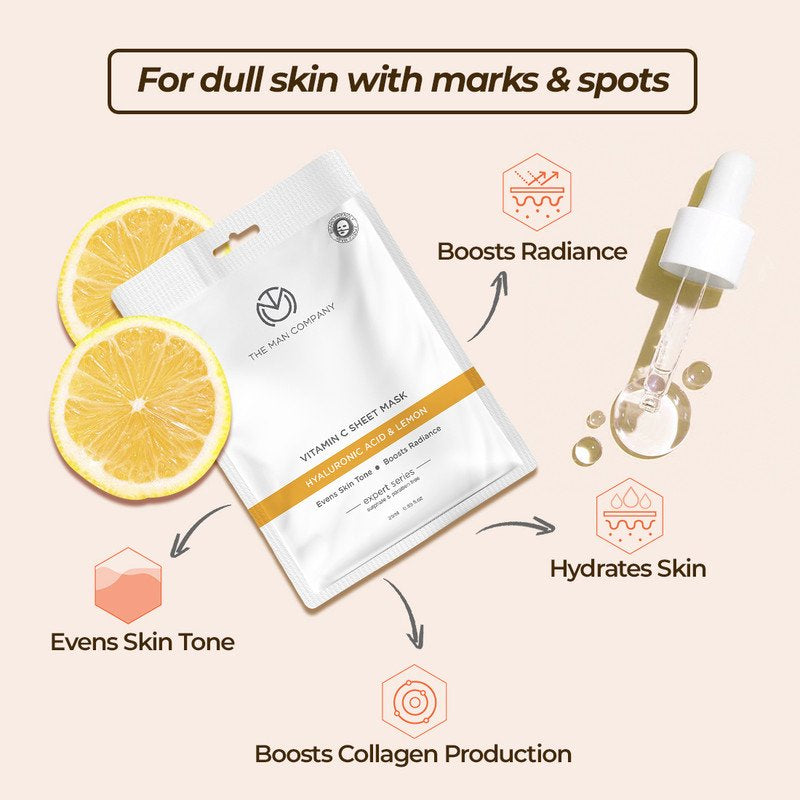 The Man Company Vitamin C Sheet Mask with Hyaluronic Acid & Lemon | Boosts Collagen, Brightening | Improves Skin Tone, Deep Cleanses & Removes Excess Oil - 25Ml*3