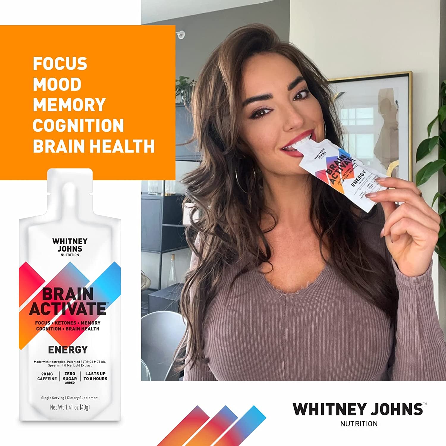 Whitney Johns - Brain Booster Gel Packs, Neuro Enhancer, Brain Supplements for Memory & Focus, Reduce Brain Fog Elevate Ketones, C8 MCT-F4T - Zero Added Sugar, 90Mg Caffeine, 12 Go Anywhere Gel Packs