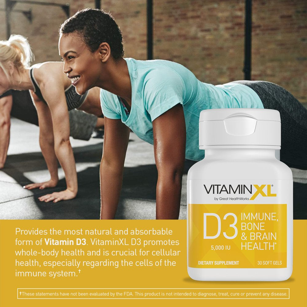 Vitaminxl D3, 5,000 IU 125Mcg, High Potency Daily Immune Support Supplement, Helps Maintain a Healthy Immune System, Muscle Function, Strong Bones, Gluten-Free, 30 Soft Gel Capsules