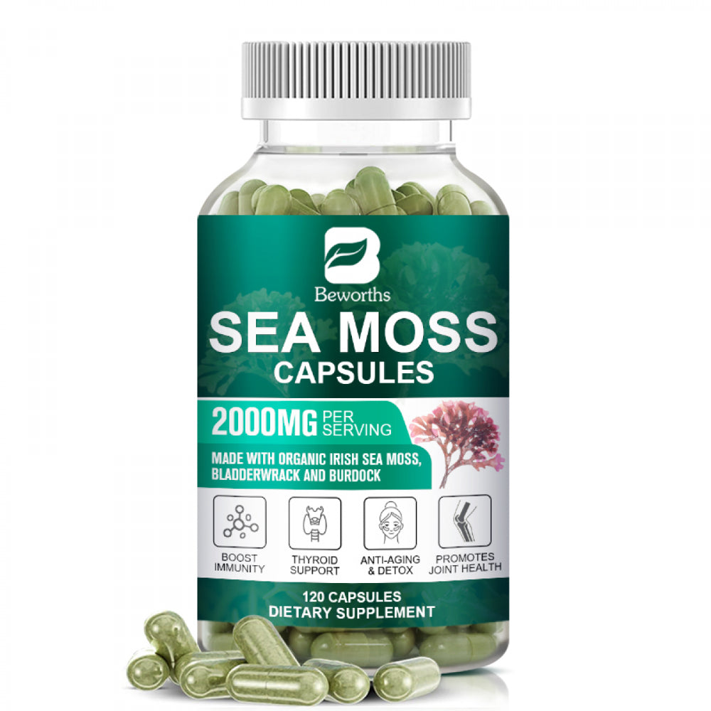 BEWORTHS Organic Sea Moss Capsules 2000Mg with Burdockroot, for Immune Boost, Skin & Joint Health, Gut Cleanse & Thyroid Support - 120 Capsules