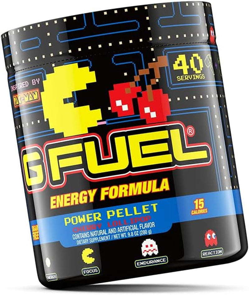 G Fuel Pac-Man Energy Powder, Sugar Free, Clean Caffeine Focus Supplement, Water Mix, Cherry Lollipop Flavor, Focus Amino, Vitamin + Antioxidants Blend, 9.8 Oz (40 Servings)