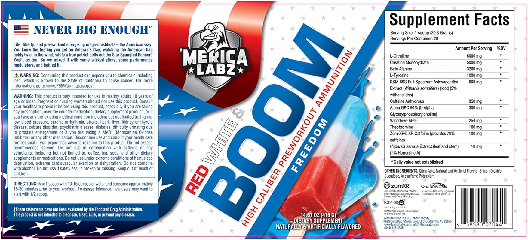 'Merica Labz Red, White, and Boom, High Caliber Pre Workout with Vasodrive-Ap®, 350Mg Caffeine, Max Energy, Pump and Focus, Increased Blood Flow and Muscle Volume, 20 Servings (Freedom)