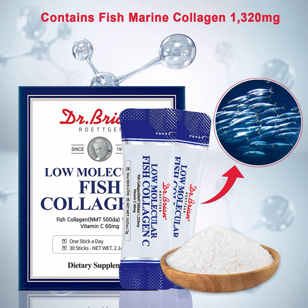 Dr.Brian Collagen Powder plus Vitamin C for Women Contains Low Molecular Fish Marine Collagen 1,320Mg &Vitamin C 600Mg Hydrolyzed Collagen Supplement for Skin anti Aging Nail Hair Joint Care 30 Sticks