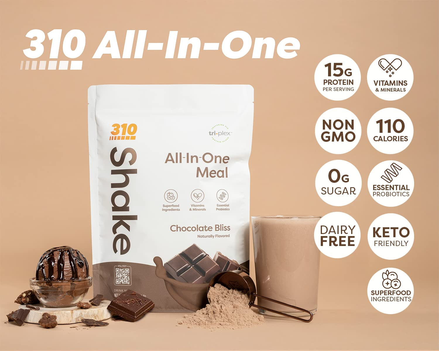 310 Nutrition – All-In-One Meal Replacement Shake Starter Kit - Fiber Rich Vegan Superfood Blend - Natural Sweeteners - Low Carb Shake, Keto & Paleo Friendly - Gluten Free - 26 Essential Vitamins & Minerals – 3 Flavors with Shaker Cup