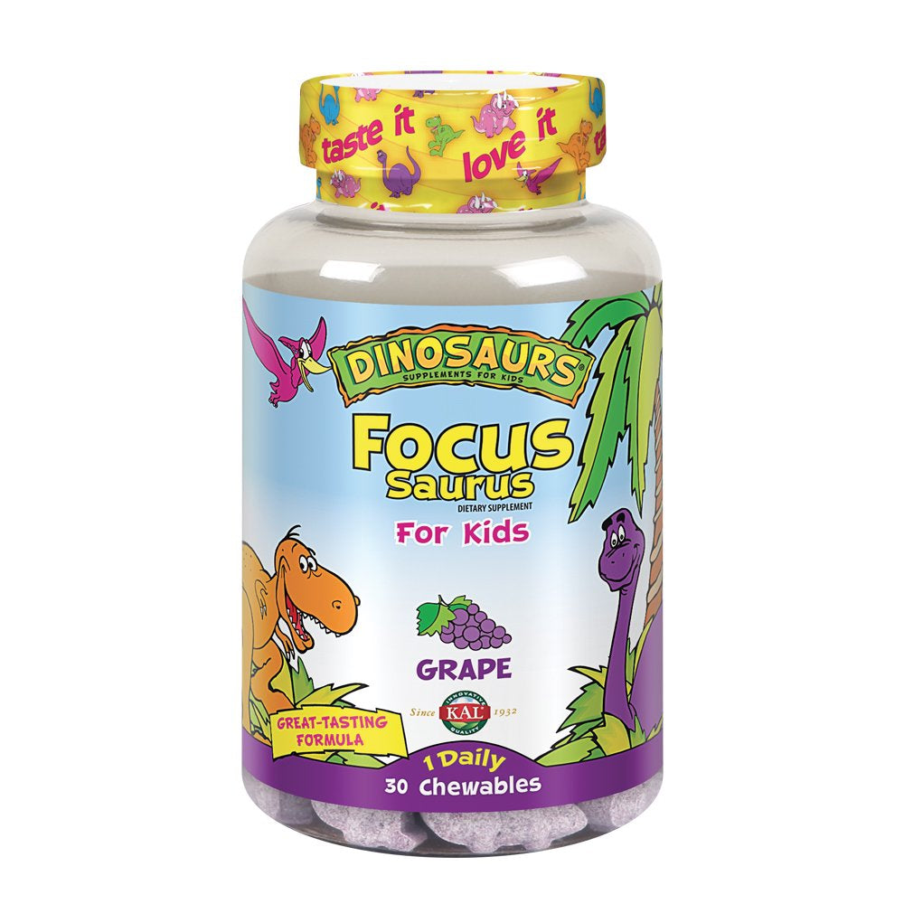 KAL Focus-Saurus | Focus Support for Kids | Amino Acid, Antioxidant & GABA Focus Blend for Children | No Sugar, Grape Flavor Chewables | 30 Ct