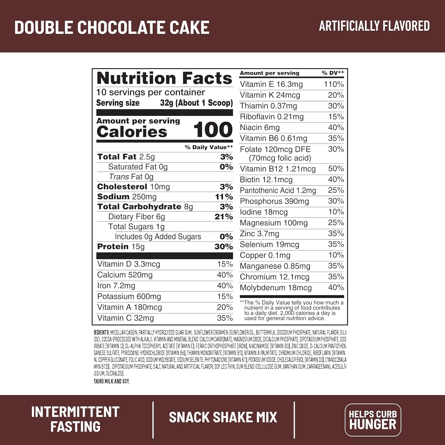 Slimfast Intermittent Fasting, Casein Protein Powder, Biotin with Vitamin & Mineral Bend, with Fiber, No Added Sugar, Snack Shake Mix- Double Chocolate Cake, 10 Servings (Pack of 2)