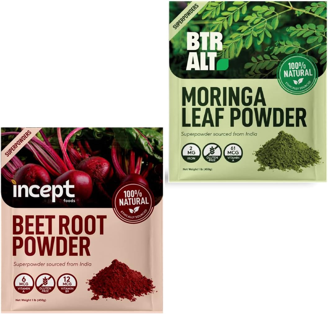 INCEPT Better Alt Moringa Oleifera Powder & Beet Root Powder (1 Lbs Each), Superfood Powders, Vegan, Gluten-Free and Non- GMO | Nutrient Rich | 2 Months Supply