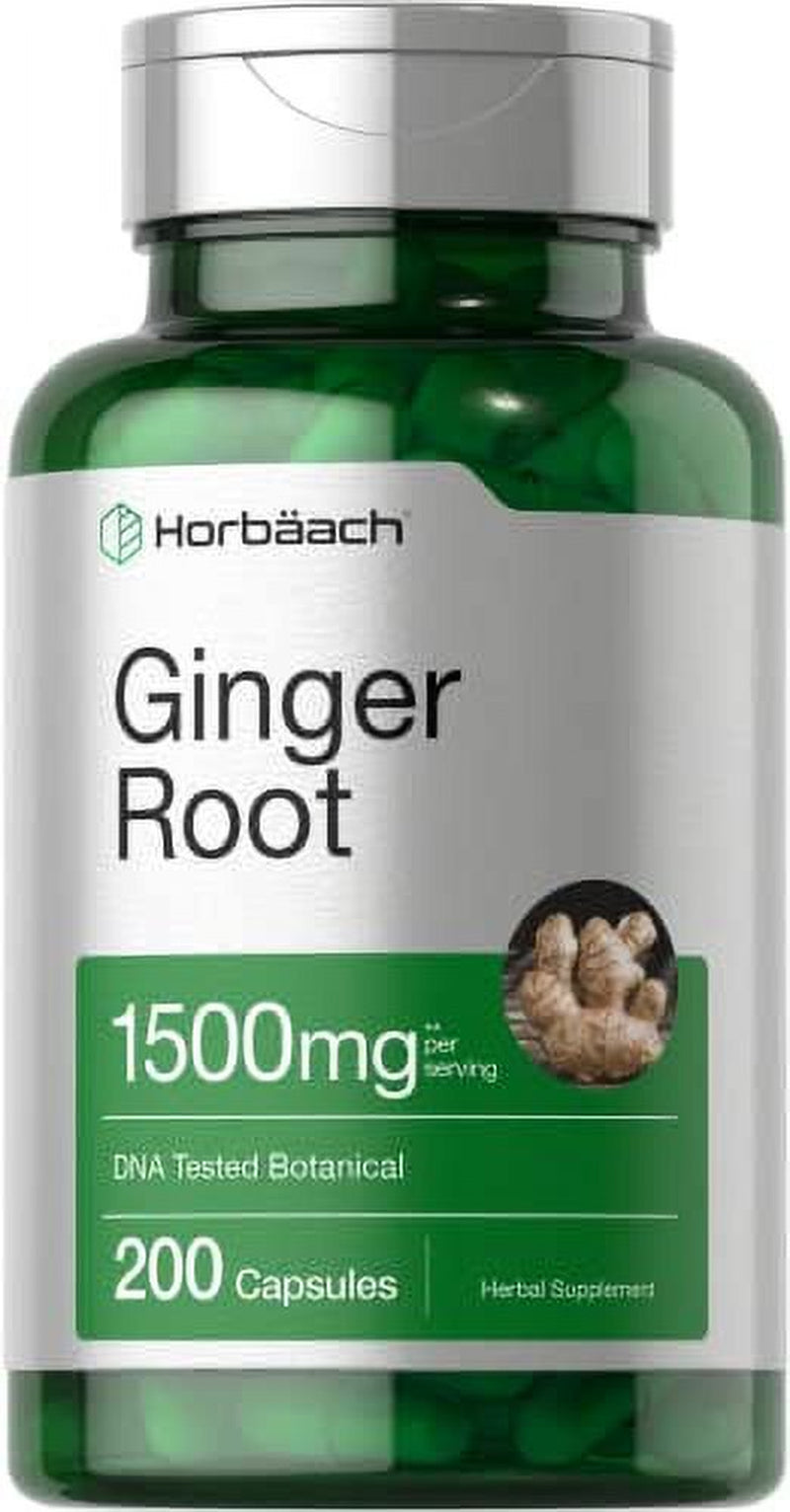 Ginger Root Capsules 1500 Mg | 200 Count | DNA Tested, Non-Gmo, Gluten Free | Ginger Root Extract | by Horbaach