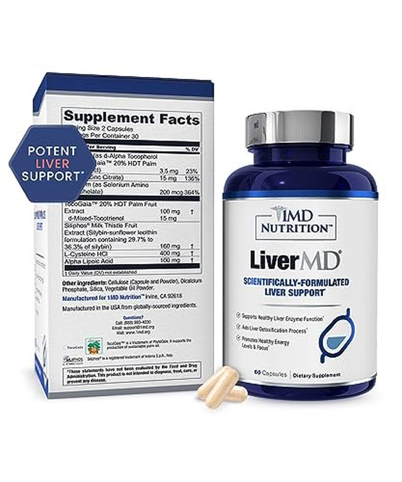 1MD Livermd - Liver Support Supplement | Siliphos Milk Thistle Extract - Highly Bioavailable, for Liver Support | 60 Capsules