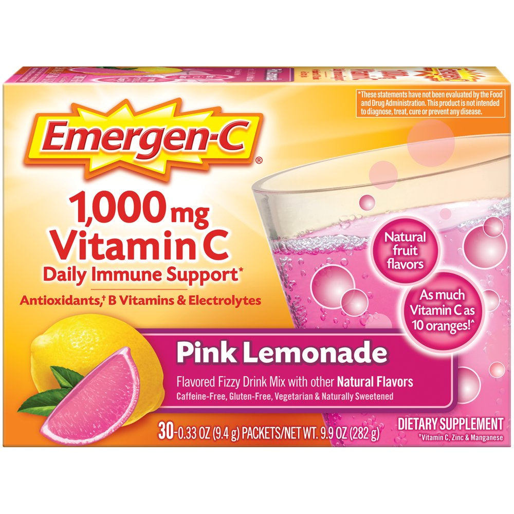 Emergen-C 1000Mg Vitamin C Powder, with Antioxidants, B Vitamins and Electrolytes for Immune Support, Caffeine Free Vitamin C Supplement Fizzy Drink Mix, Pink Lemonade Flavor - 30 Count/1 Month Supply