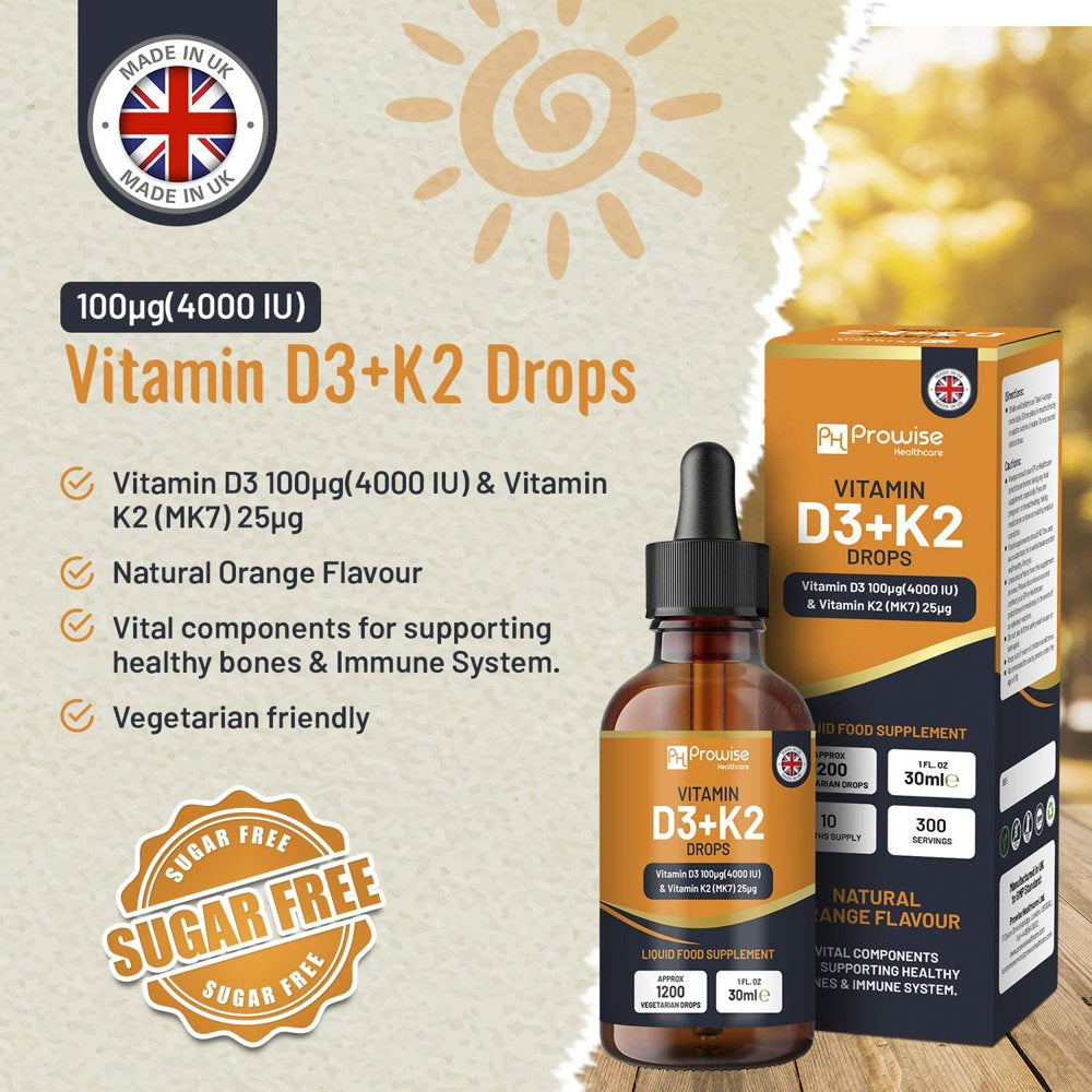 Vitamin D3 4000Iu + K2 MK7 25Μg I Orange Liquid Drops I High Strength 4000Iu D3 + 25Μg K2- 30Ml Bottle I Fast Absorption I 1200 Vegetarian Drops - Made in UK by Prowise Healthcare