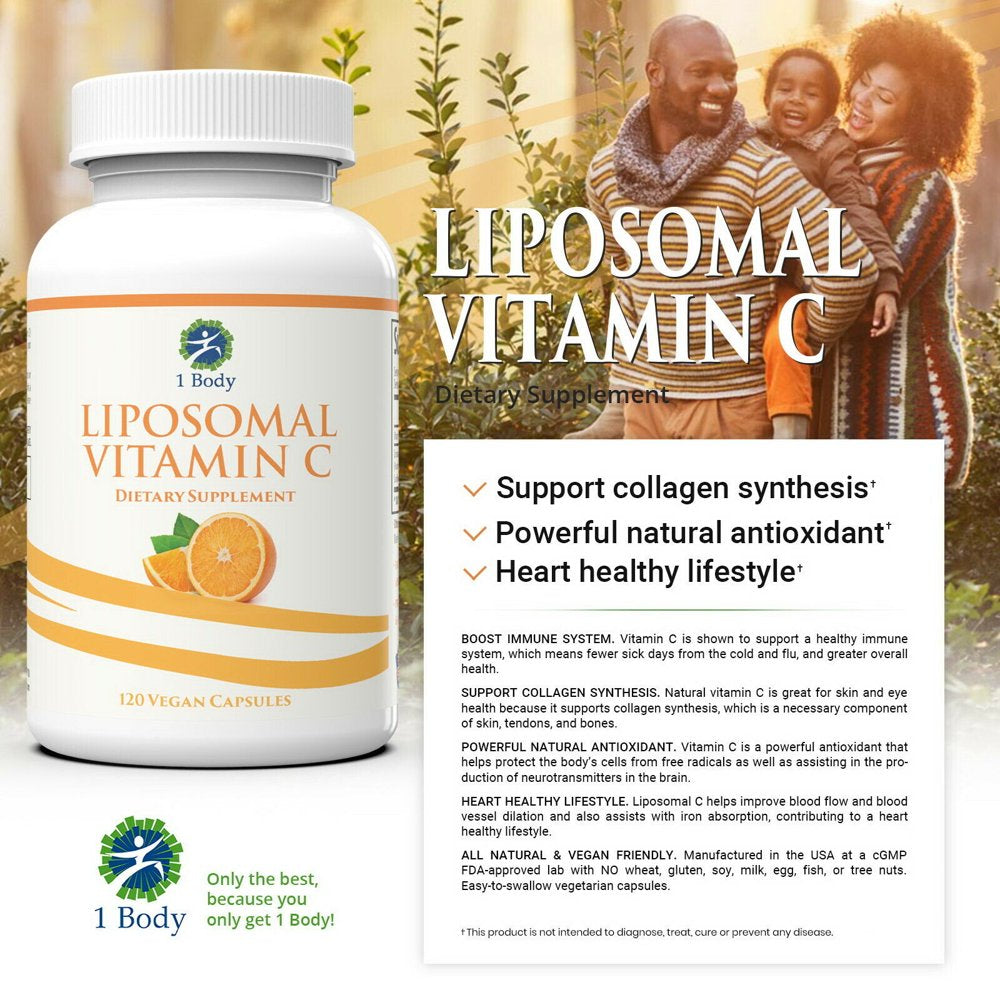 1 Body High Absorption Liposomal Vitamin C 1200Mg Collagen Support Dietary Supplement, VIT C Ascorbic Acid Pills, 120 Capsules