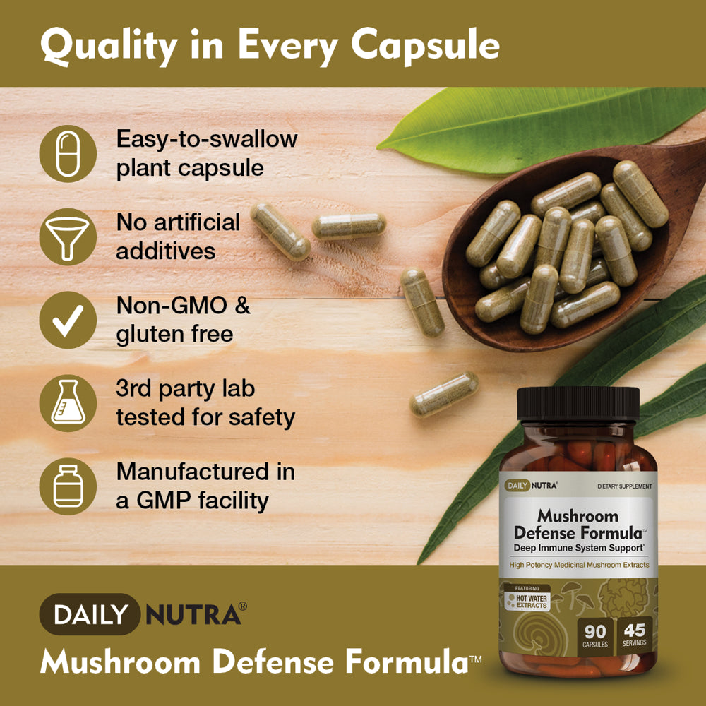 Mushroom Defense Formula by Dailynutra - Immune Support Supplement | Organic Mushrooms, Hot Water Extracted - Reishi, Chaga, Maitake, Shiitake & Turkey Tail (90 Capsules)