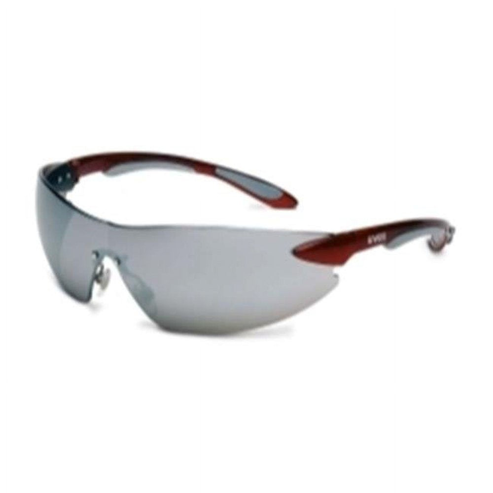 Uvex UVXS4413 Safety Glasses Ignite Metallic Red & Silver Frame, Silver Mirror Hardcoat Lens Cushioned Temple